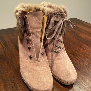 bettye muller fur trimmed beige suede ankle boots.